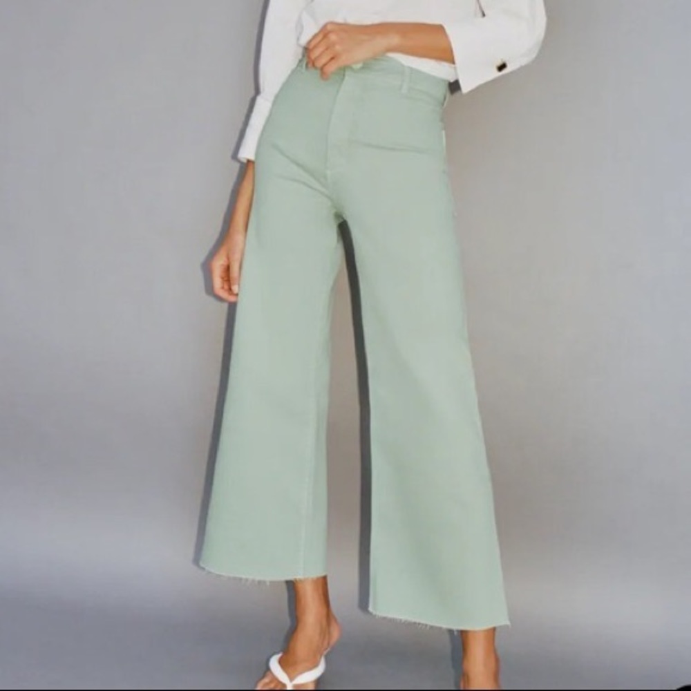 ZARA Marine Straight Green Wide Leg Jeans